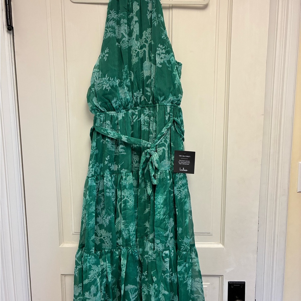 NWT Lulu’s Float to You Green Floral Print Halter Tiered Midi Dress